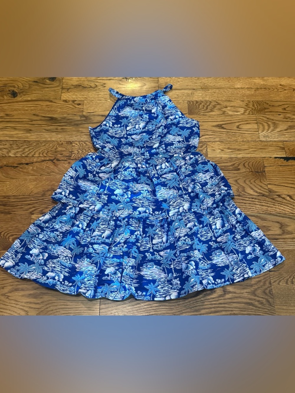 NWT. Janie & Jack. Blue & White Island print Halter Tiered Dress. Size 8.